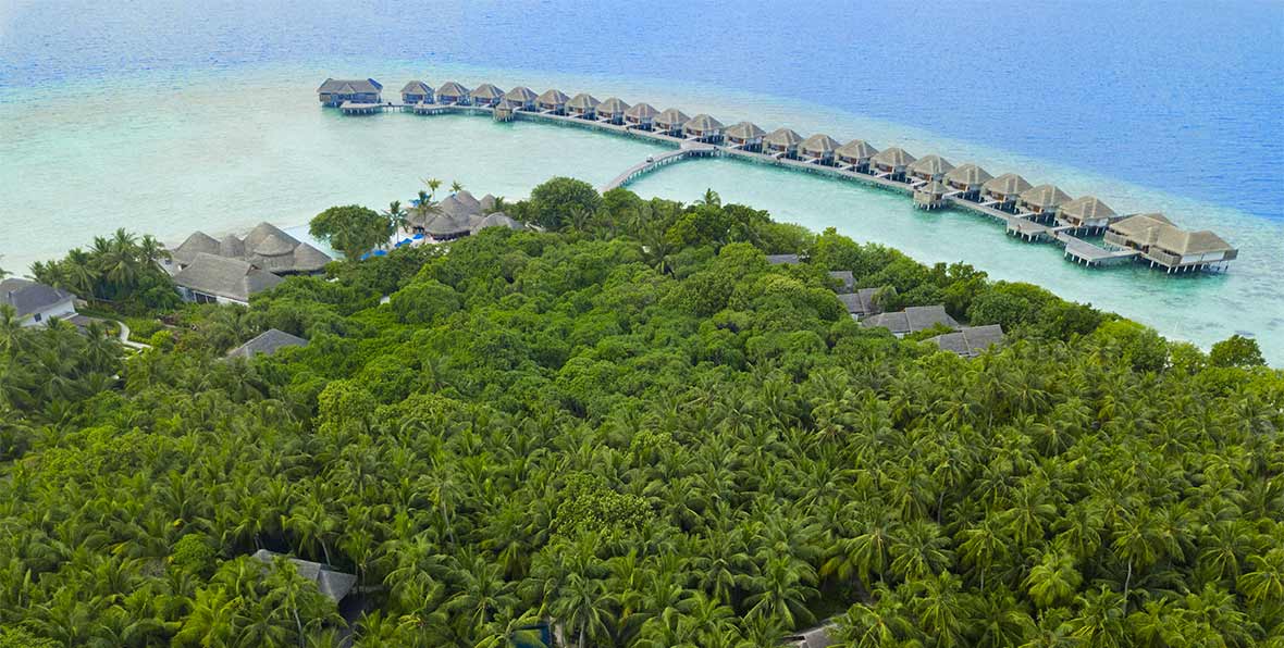 vegetacion y water villas de Dusit Thani Maldives